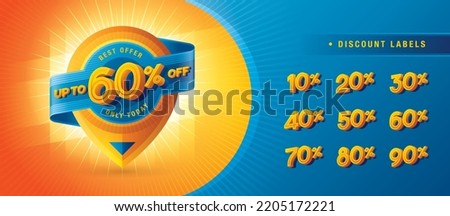 Sale discount percent labels, Abstract Blue Map pin offer Sale Discount label, Discount tags collection with percentage set, 10, 20, 30, 40, 50%, 60%, 70, 80%, 90 percent sale promotion. Price off tag