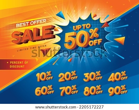 Sale discount percent labels, Abstract Blue Comic Boom offer Sale Discount label, Discount tags collection with percentage, 10, 20, 30, 40, 50%, 60%, 70, 80%, 90 percent sale promotion. Price off tag