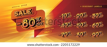 Sale and discount percent labels, Abstract Red Speech Bubble offer Sale Discount labels, Discount tags collection with percentage, 10, 20, 30, 40, 50%, 60%, 70, 80%, 90 percent sale tag. Price off tag