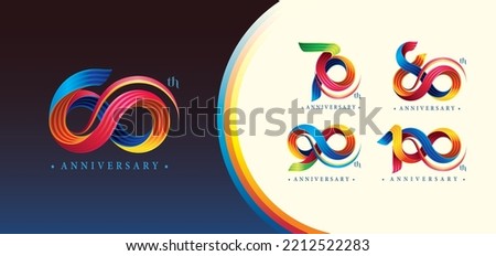 Set of 60 to 100 years Anniversary Colorful logotype design, Abstract Twist Infinity Three line Colorful Curved for invitation, Color Celebration Logo. 60;70;80;90;100 year Twist Infinity loop number