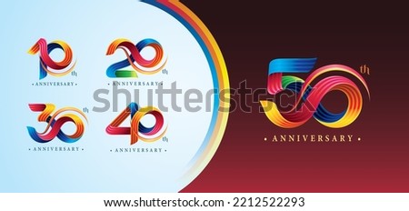 Set of 10 to 50 years Anniversary Colorful logotype design, Abstract Twist Infinity Three lines Colorful Curved for invitation, Color Celebration Logo. 10,20,30,40,50 year Twisted Infinity logo number