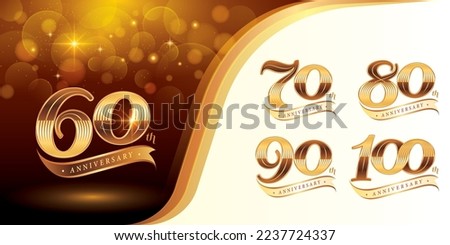 Set of 60 to 100 years Anniversary logotype design, Sixty to Hundred years Celebration Anniversary Logo, Luxury Golden Elegant Classic Logo with Ribbon, 60,70,80,90,100, Retro Serif Number Letters,