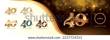 Set of 40th Anniversary logotype design, Forty years anniversary celebration Logo, Golden Luxury and Retro Serif Number 40 Letters, Elegant Classic Logo for Congratulation celebration event, greeting.