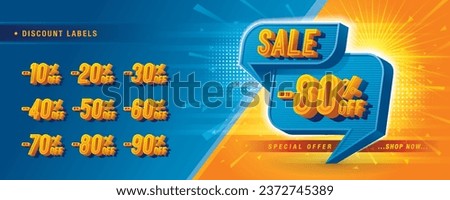 Sale and discount labels, Abstract Blue Geometric offer Sale Discount labels design, Condensed Font, Discount tags collection with percent set, 50, 60, 70, 80 percent sale promotion tag. Price off tag