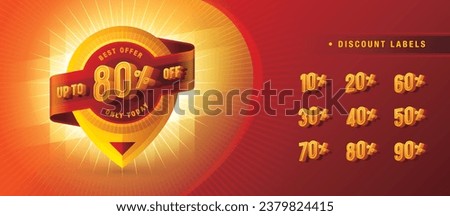 Sale discount percent labels, Abstract Red Map pin offer Sale Discount labels, Discount tags collection with percentage, Condensed Font, 50%, 60%, 70, 80%, 90 percent sale promotion tag. Price off tag