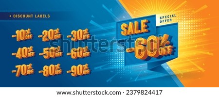 Abstract Blue triangle Splash offer Sale Discount labels design, Sale and discount labels, Condensed Font, Discount tags collection with percent set, 50%, 60%, 70 percent sale promotion. Price off tag