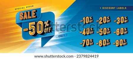 Sale and discount labels, Abstract Blue triangle Splash offer Sale Discount labels design, Condensed Font, Discount tags collection with percent set, 50%, 60%, 70 percent sale promotion. Price off tag