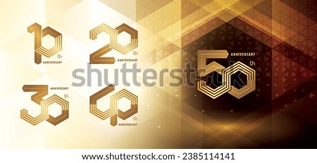 Set of 10 to 50 years Anniversary logo design, Ten to Fifty years anniversary celebration. Abstract Hexagon Infinity Multiple lines, 10,20,30,50 Years Logo golden for event. Polygon Geometric Number