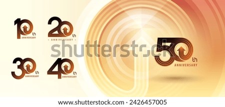 10, 20, 30, 40, 50 year Anniversary logo design, Ten to Fifty years Anniversary Logo for celebration event, Abstract Double Lines Circle Arrow, Growth to Success Concept, Curved Arrows Right to Top.