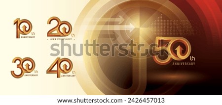 10, 20, 30, 40, 50 year Anniversary logo design, Ten to Fifty years Celebrate Anniversary Logo for celebration event, Abstract Golden Circle Arrow, Growth to Success Concept, Curved Arrow Right to Top