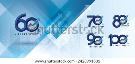 60, 70, 80, 90, 100 year Anniversary logo design, Sixty to Hundred years Anniversary Logo Celebration event, Abstract Arrow Graph Sign, Arrow Graph Growth to Success Concept, Upward Arrow Right to Top