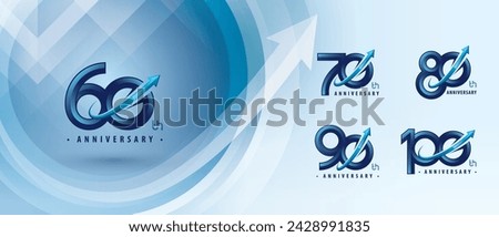 60, 70, 80, 90, 100 year Anniversary logo design, Sixty to Hundred year Anniversary Logo for Celebration event, Abstract Upward Curved Arrow Right to Top, Arrow Growth to Success Concept, Circle Arrow