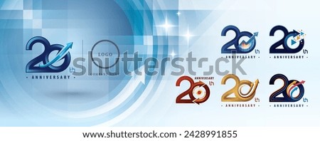 Set of 20th Anniversary logo design, Twenty years Anniversary Logo multiple line for celebration event, Abstract Logo 20 Circle Arrow, Graph Growth to Success Concept, Upward Curved Arrow Right to Top