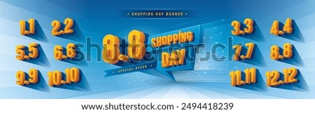 Shopping Day Sale Banner Template Design, Abstract Blue Geometric Speech Bubble Sign, Shopping Day Sale Promotion of every month, Numbers 3, 4, 5, 6, 7, 8, 9, 10, 11, 12 Condensed Font, Special offer.