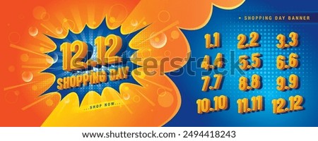 Shopping Day Sale Banner Template Design, Abstract Blue Comic Boom labels Sign, Shopping Day Sale Promotion of every month, Numbers 1, 2, 3, 4, 5, 6, 7, 8, 9, 10, 11, 12 Condensed Font, Special offer.