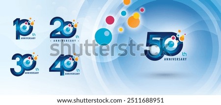 10, 20, 30, 40, 50 year Anniversary logo design, Ten to Fifty years Anniversary Logo for Celebration, Colorful Atom Molecule structure particle. Chemistry Science and Biotechnology, molecular biology.