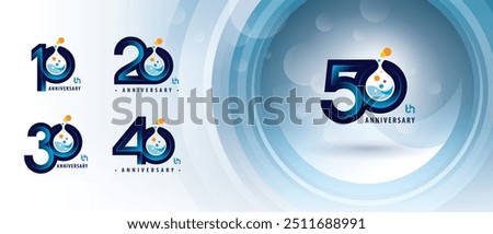 10, 20, 30, 40, 50 year Anniversary logo design, Ten to Fifty years Anniversary Logo for Celebration, Chemical Test tube Molecule structure particle. Chemistry Science Biotechnology, molecular biology