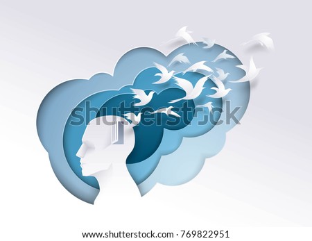 Human head with white birds flying from head, freedom and relax mind, Creative ideas, emotions or psychology concept, Think outside the box, Paper art vector and illustration.
