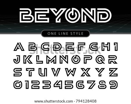 Vector of Futuristic Alphabet Letters and numbers, One linear stylized rounded fonts, One single line for each letter, Black Letters set for sci-fi, military.
