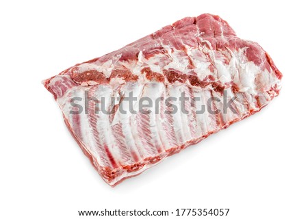 Raw pork ribs. Raw meat, Whole raw pork ribs. Raw pork meat - spare ribs or belly. Fresh meat and ingredients. Butchery, market. isolated on white background