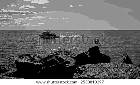 Similar – Image, Stock Photo Lonely yacht in gray water with dark mountains under cloudy sky