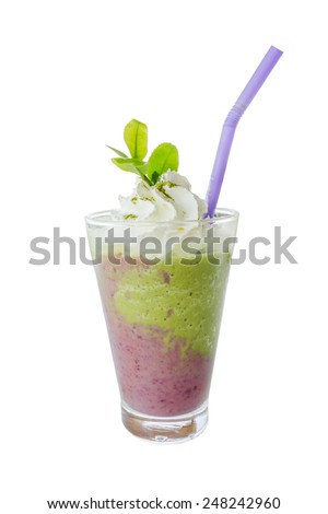 Red bean and Green tea smoothie with green leaf  isolated on white background