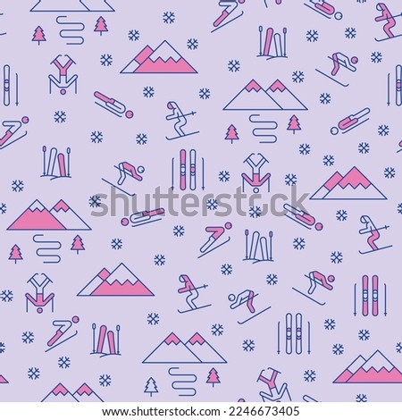 Purple Vector Mountain Skiing Winter landscape repeat pattern design