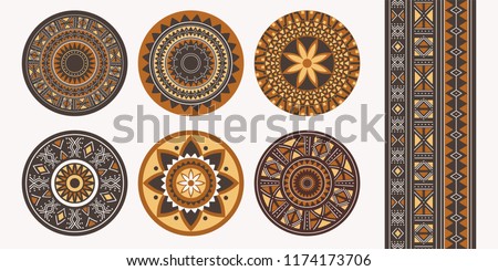 Set of African decorative elements. Round ornament pattern. Collection of mandalas in tribal style.