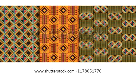 African Cloth Kente. Set of Ethnic seamless patterns. Geometric design.