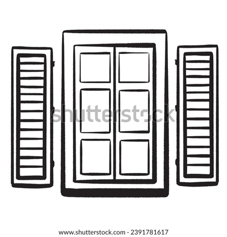Ink hand-drawn vector. Italian window with open shutters. Wooden frame. Symbol of Italian homes in an old town. Open window symbolizing travel, countries, and new opportunities
