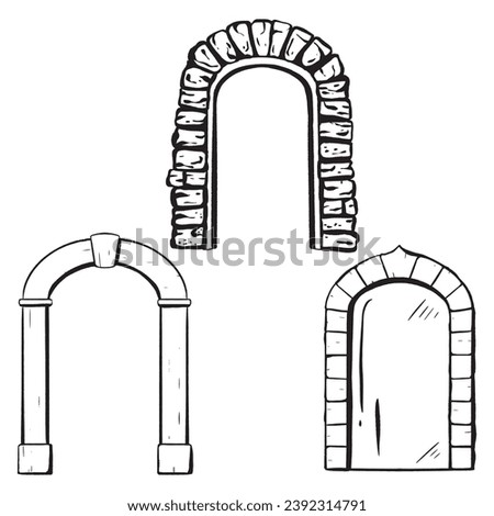 Set. Ink hand-drawn vector. Wooden. Glass door adorned with a stone arch. Entrance to a shop or restaurant. Antique exterior element. Closed entry. Wedding arch. An elegant addition to building design