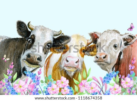 watercolor painted cows and flowers