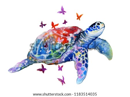 Sea turtle abstract style watercolor illustration isolated on white.