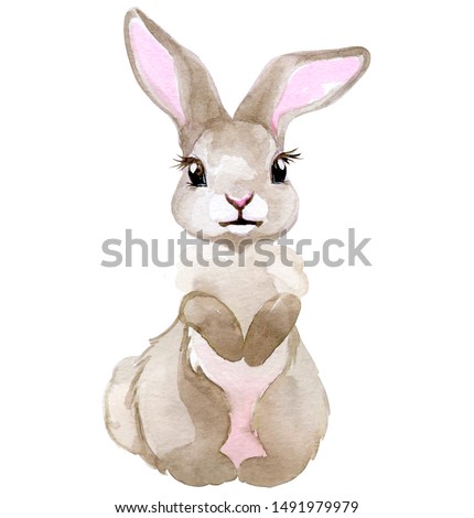 Watercolor illustration of Little bunny. Cartoon style character isolated on white. Perfect graphic for any projects, baby showers, invitations, greeting cards, nursery prints , posters and more