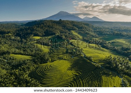 Similar – Foto Bild Luftaufnahme von Sonnenuntergang hellen Himmel über Sommer Heu Feld Landschaft am Abend. Haystack, Hay Roll in Sunrise Zeit