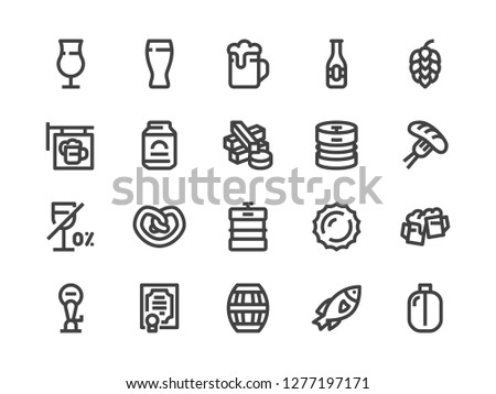 Beer Line Icon. Vector Illustration Flat style. Included Icons as Bar Signboard, Snacks, Non-Alcoholic Drink, Glass, Keg, Bottle and more. Editable Stroke. 30x30 Pixel Perfect