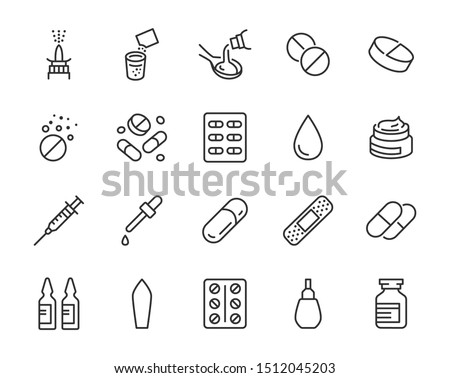 Drug, Pharmacy Medical Line Icons. Vector Illustration Included Icon as Effervescent Pills, Cough Syrup Bottle, Gel, Antibiotic Capsule and other Pharmaceutical Pictogram. Editable Stroke
