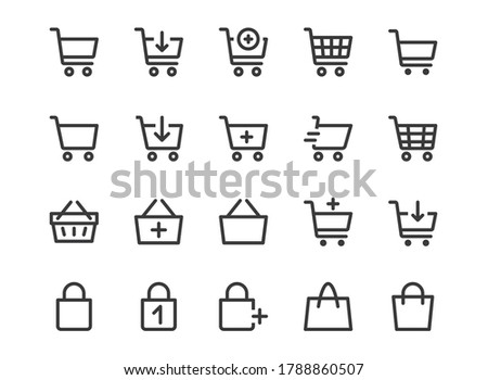 Shopping Cart Line Icon. Minimal Vector Illustration. Included Simple Outline Icons as Trolley, Supermarket Basket, Shop Bag, Add Item, E-commerce. Editable Stroke. Pixel Perfect