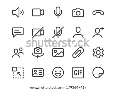 Videocall line icon. Minimal vector illustration, simple outline icons - chat, message, microphone, turn camera, conference and other pictogram for video call interface. Editable Stroke Pixel Perfect