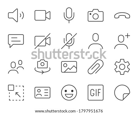 Videocall line icon. Minimal vector illustration, simple outline icons - chat, message, microphone, turn camera, conference and other thin pictogram for video call interface. Editable Stroke