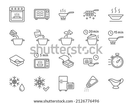 Ready to eat food package line icons. Vector outline illustration with icon - microwave oven, salt shaker, boil, bake, vent tray. Pictogram for semifinished meal prepare instruction. Editable Stroke ストックフォト © 