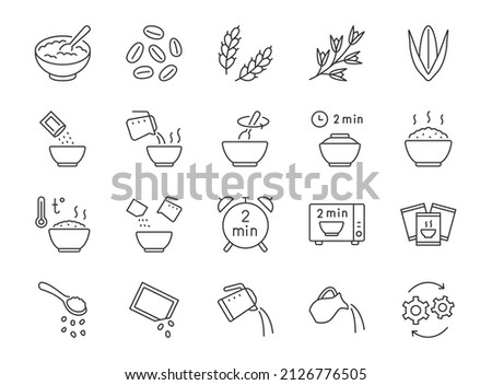 Cereal meal line icons. Vector outline illustration with icon - microwave oven, boiled kettle, grain food, warm healthy wheat food. Pictogram for oatmeal breakfast porridge. Editable Stroke Photo stock © 