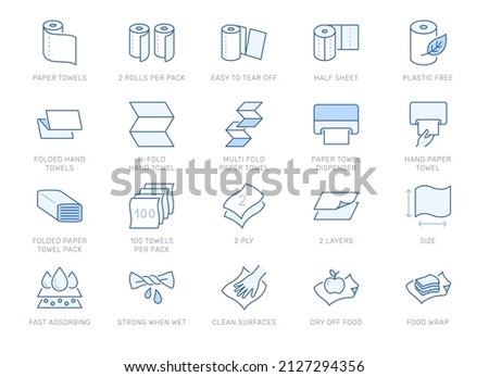 Paper towel line icons. Vector outline illustration with icon - roller package, dispenser, multifold, plastic free, adsorbing water, pictogram for kitchen disposable wipe. Editable Stroke, blue color