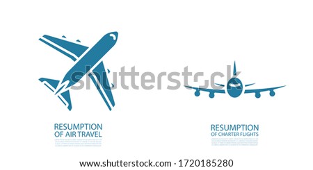 A set of two simple isolated icons, blue planes. Top view and front view. With the caption 