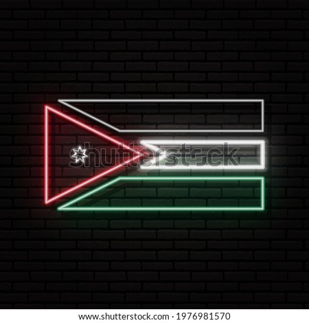 Neon sign in the form of the flag of Jordan. Against the background of a brick wall with a shadow. For the design of tourist or patriotic themes.