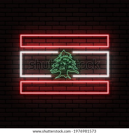 Neon sign in the form of the flag of Lebanon. Against the background of a brick wall with a shadow. For the design of tourist or patriotic themes.