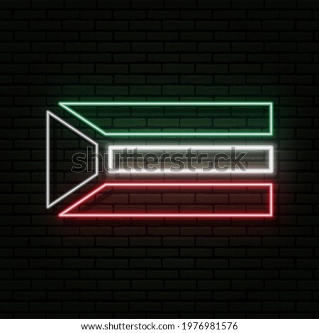 Neon sign in the form of the flag of Kuwait. Against the background of a brick wall with a shadow. For the design of tourist or patriotic themes.