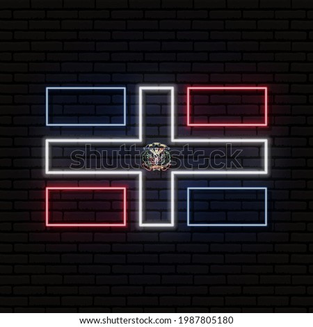Neon sign in the form of the flag of Dominican Republic. Against the background of a brick wall with a shadow. For the design of tourist or patriotic themes. North America