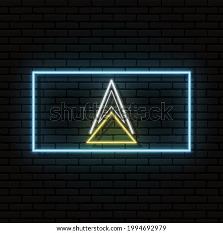 Neon sign in the form of the flag of Saint Lucia. Against the background of a brick wall with a shadow. For the design of tourist or patriotic themes. North America