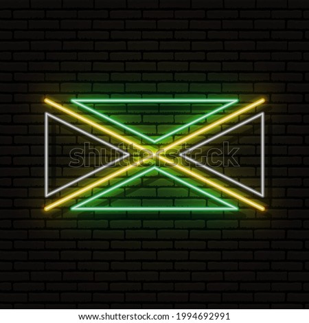 Neon sign in the form of the flag of Jamaica. Against the background of a brick wall with a shadow. For the design of tourist or patriotic themes. North America